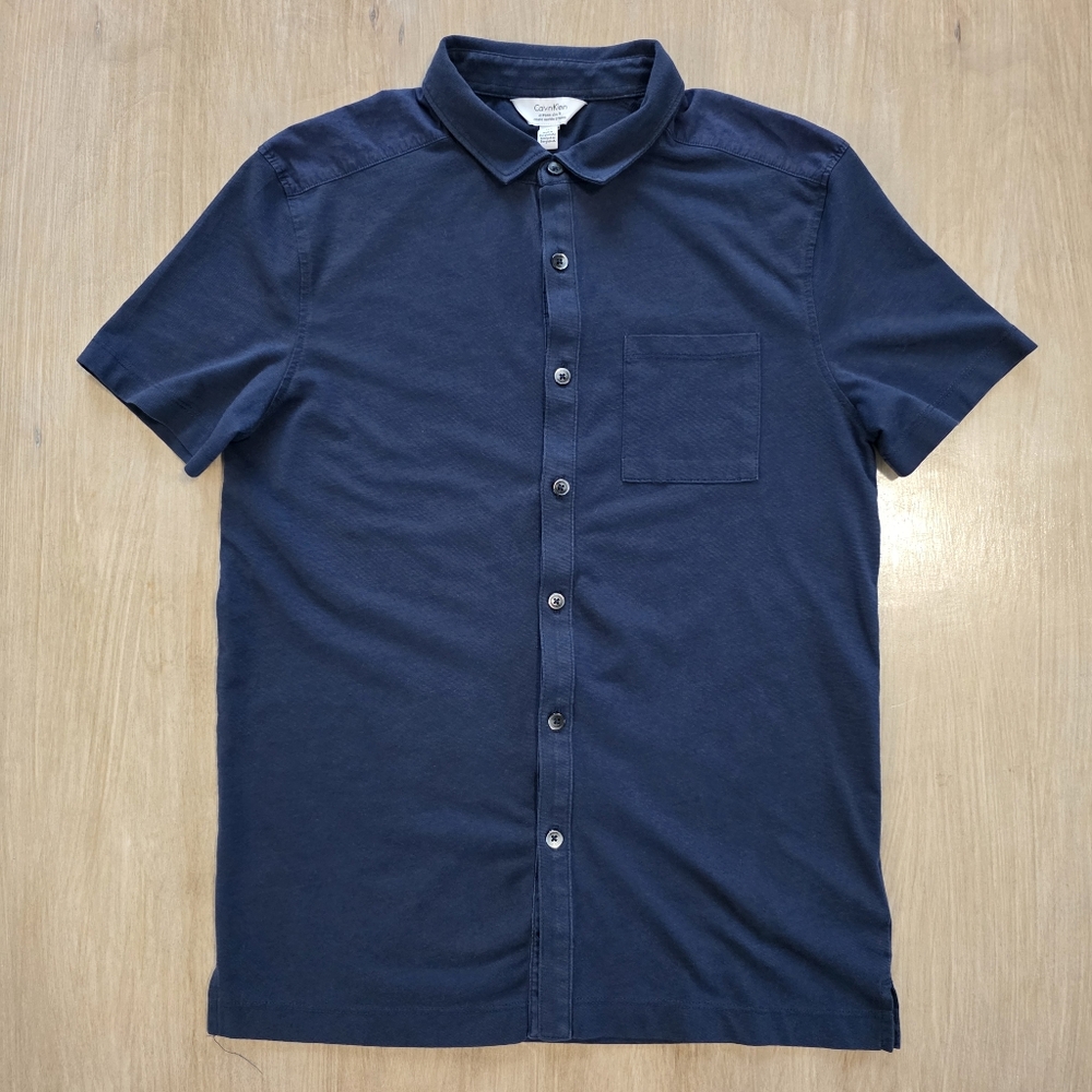 Calvin Klein Slim Fit Button-Up Shirt Navy Blue Short Sleeve Pocket Men’s S